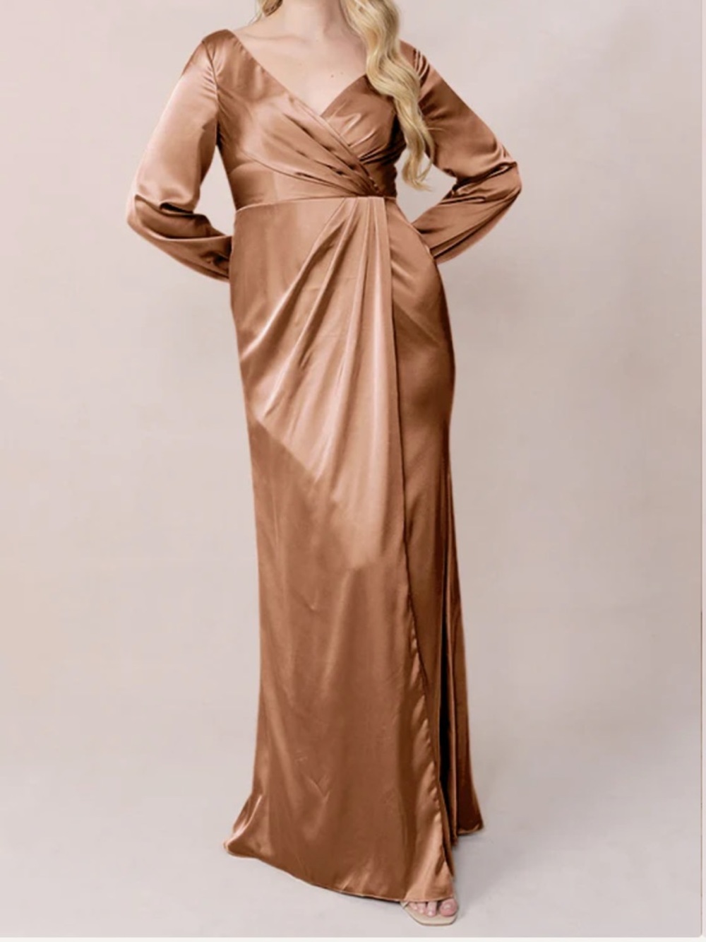 Revelry Vera Satin Bridesmaid Dress Long Sleeve Champagne Taupe Sz 8 Formal Gown